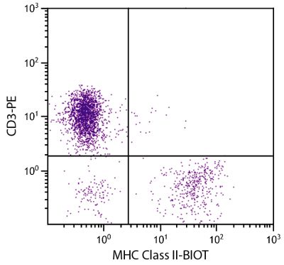 Chicken peripheral blood lymphocytes were stained with Mouse Anti-Chicken MHC Class II-BIOT (SB Cat. No. 8350-08) and Mouse Anti-Chicken CD3-PE (SB Cat. No. 8200-09) followed by Streptavidin-FITC (SB Cat. No. 7100-02).