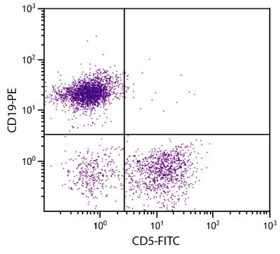 BALB/c mouse splenocytes were stained with Rat Anti-Mouse CD5-FITC (SB Cat. No. 1547-02) and Rat Anti-Mouse CD19-PE (SB Cat. No. 1575-09).