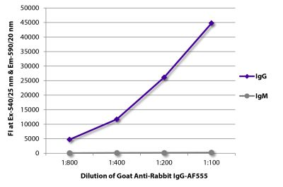 FLISA plate was coated with purified rabbit IgG and IgM.  Immunoglobulins were detected with serially diluted Goat Anti-Rabbit IgG-AF555 (SB Cat. No. 4030-32).