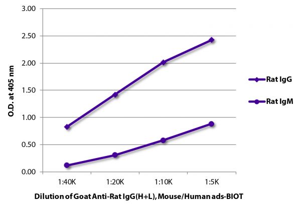 ELISA plate was coated with purified rat IgG and IgM.  Immunoglobulins were detected with serially diluted Goat Anti-Rat IgG(H+L), Mouse/Human ads-BIOT (SB Cat. No. 3051-08) followed by Streptavidin-HRP (SB Cat. No. 7100-05).