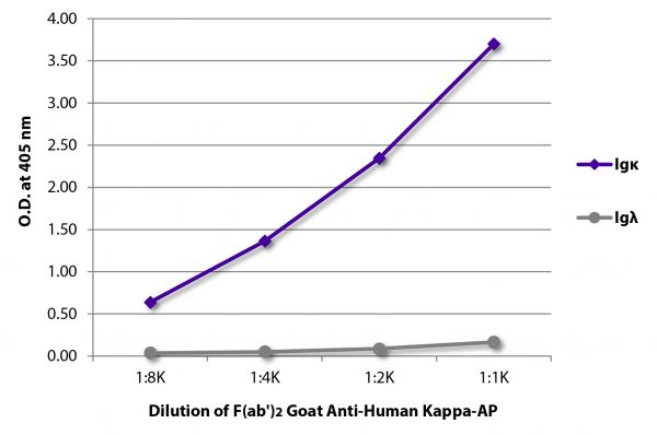 ELISA plate was coated with purified human IgGκ, IgMκ, IgAκ, IgGλ, IgMλ, and IgAλ. Immunoglobulins were detected with serially diluted Goat F(ab')<sub>2</sub> Anti-Human Kappa-AP (SB Cat. No. 2062-04).
