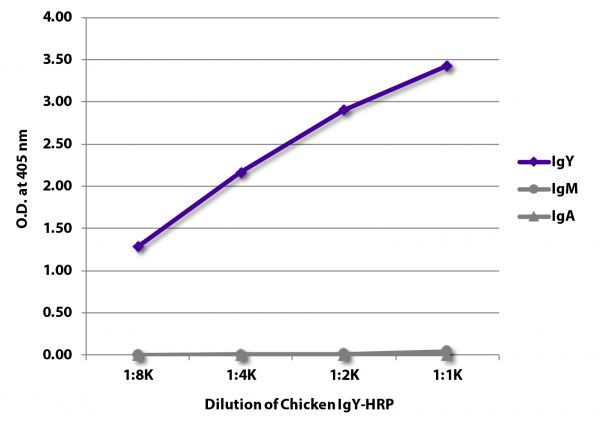 ELISA plate was coated Mouse Anti-Chicken IgY-UNLB (SB Cat. No. 8320-01), Mouse Anti-Chicken IgM-UNLB (SB Cat. No. 8300-01), and Mouse Anti-Chicken IgA-UNLB (SB Cat. No. 8330-01). Serially diluted Chicken IgY-HRP (SB Cat. No. 0170-05) was captured and quantified.