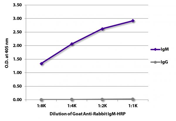 ELISA plate was coated with purified rabbit IgM and IgG.  Immunoglobulins were detected with serially diluted Goat Anti-Rabbit IgM-HRP (SB Cat. No. 4020-05).