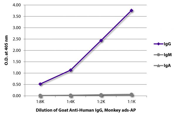 ELISA plate was coated with purified human IgG, IgM, and IgA. Immunoglobulins were detected with serially diluted Goat Anti-Human IgG, Monkey ads-AP (SB Cat. No. 2049-04).