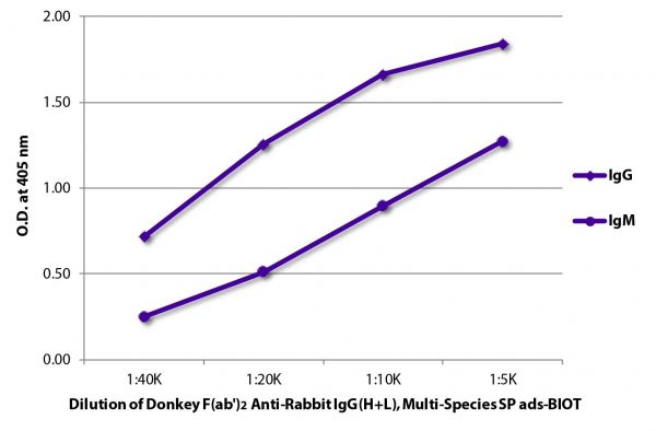 ELISA plate was coated with purified rabbit IgG and IgM. Immunoglobulins were detected with serially diluted Donkey F(ab')<sub>2</sub> Anti-Rabbit IgG(H+L), Multi-Species SP ads-BIOT (SB Cat. No. 6444-08) followed by Streptavidin-HRP (SB Cat. No. 7100-05).