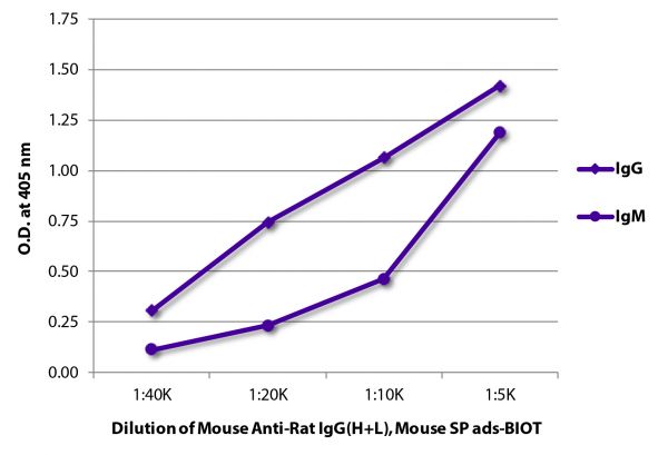 ELISA plate was coated with purified rat IgG and IgM.  Immunoglobulins and serum were detected with serially diluted Mouse Anti-Rat IgG(H+L), Mouse SP ads-BIOT (SB Cat. No. 3053-08) followed by Streptavidin-HRP (SB Cat. No. 7100-05).