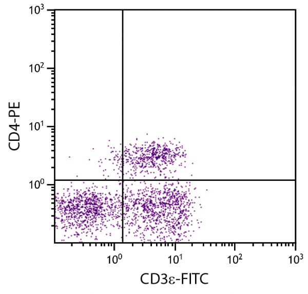 Porcine peripheral blood lymphocytes were stained with Mouse Anti-Porcine CD3ε-FITC (SB Cat. No. 4511-02) and Mouse Anti-Porcine CD4-PE (SB Cat. No. 4515-09).