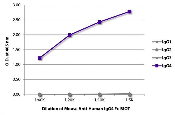 ELISA plate was coated with purified human IgG<sub>1</sub>, IgG<sub>2</sub>, IgG<sub>3</sub>, and IgG<sub>4</sub>.  Immunoglobulins were detected with serially diluted Mouse Anti-Human IgG<sub>4</sub> Fc-BIOT (SB Cat. No. 9200-08) followed by Streptavidin-HRP (SB Cat. No. 7100-05).
