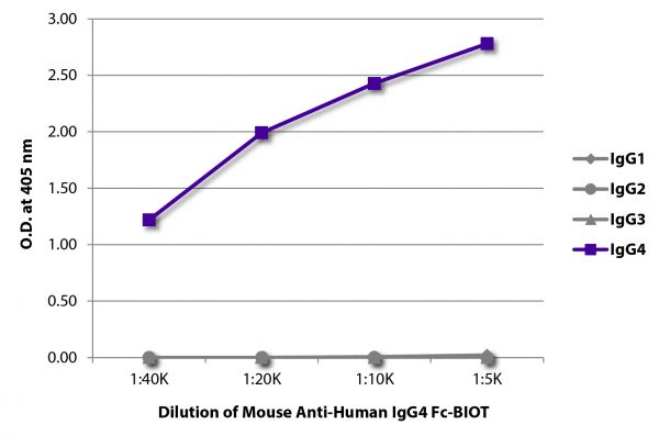 ELISA plate was coated with purified human IgG<sub>1</sub>, IgG<sub>2</sub>, IgG<sub>3</sub>, and IgG<sub>4</sub>. Immunoglobulins were detected with serially diluted Mouse Anti-Human IgG<sub>4</sub> Fc-BIOT (SB Cat. No. 9200-08) followed by Streptavidin-HRP (SB Cat. No. 7100-05).