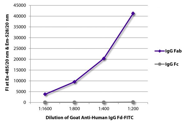 FLISA plate was coated with purified human IgG Fab and IgG Fc.  Immunoglobulins were detected with serially diluted Goat Anti-Human IgG Fd-FITC (SB Cat. No. 2046-02).