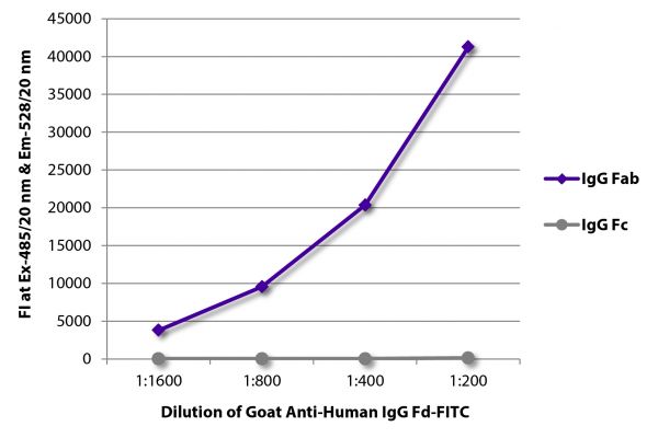 FLISA plate was coated with purified human IgG Fab and IgG Fc. Immunoglobulins were detected with serially diluted Goat Anti-Human IgG Fd-FITC (SB Cat. No. 2046-02).