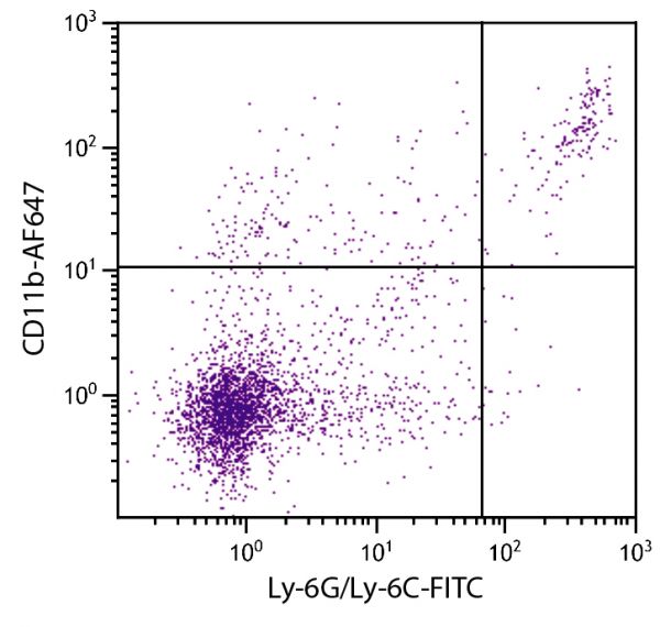 BALB/c mouse splenocytes were stained with Rat Anti-Mouse CD11b-AF647 (SB Cat. No. 1561-31) and Rat Anti-Mouse Ly-6G/Ly-6C-FITC (SB Cat. No. 1900-02).