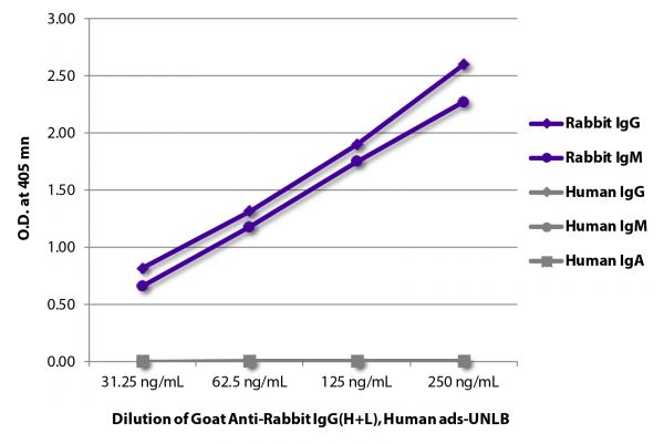 ELISA plate was coated with purified rabbit IgG and IgM and human IgG, IgM, and IgA. Immunoglobulins were detected with serially diluted Goat Anti-Rabbit IgG(H+L), Human ads-UNLB (SB Cat. No. 4051-01) followed by Swine Anti-Goat IgG(H+L), Human/Rat/Mouse SP ads-HRP (SB Cat. No. 6300-05).