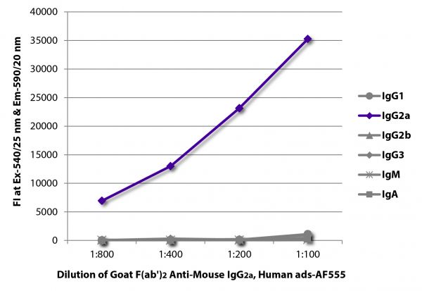 FLISA plate was coated with purified mouse IgG<sub>1</sub>, IgG<sub>2a</sub>, IgG<sub>2b</sub>, IgG<sub>3</sub>, IgM, and IgA.  Immunoglobulins were detected with serially diluted Goat F(ab')<sub>2</sub> Anti-Mouse IgG<sub>2a</sub>, Human ads-AF555 (SB Cat. No. 1082-32).