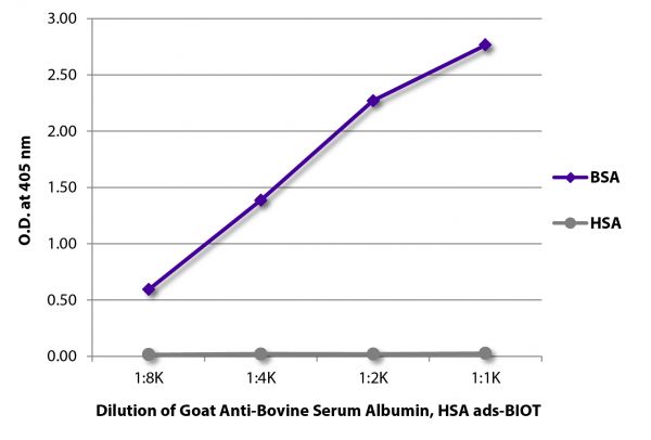 ELISA plate was coated with purified bovine serum albumin and human serum albumin.  Albumins were detected with serially diluted Goat Anti-Bovine Serum Albumin, Human Serum Albumin ads-BIOT (SB Cat. No. 2079-08) followed by Streptavidin-HRP (SB Cat. No. 7100-05).