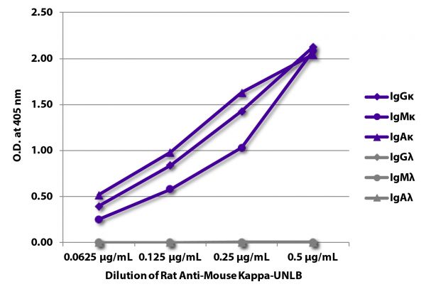 ELISA plate was coated with purified mouse IgGκ, IgMκ, IgAκ, IgGλ, IgMλ, and IgAλ. Immunoglobulins were detected with serially diluted Rat Anti-Mouse Kappa-UNLB (SB Cat. No. 1170-01) followed by Mouse Anti-Rat IgG<sub>1</sub>-HRP (SB Cat. No. 3060-05).