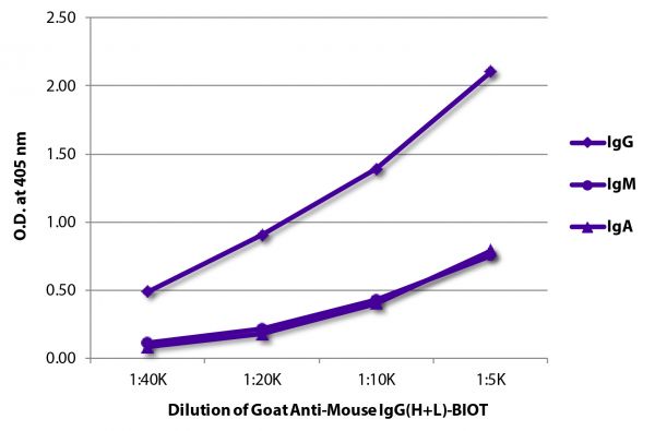 ELISA plate was coated with purified mouse IgG, IgM, and IgA.  Immunoglobulins were detected with serially diluted Goat Anti-Mouse IgG(H+L)-BIOT (SB Cat. No. 1036-08) followed by Streptavidin-HRP (SB Cat. No. 7100-05).