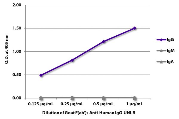 ELISA plate was coated with purified human IgG, IgM, and IgA. Immunoglobulins were detected with serially diluted Goat F(ab')<sub>2</sub> Anti-Human IgG-UNLB (SB Cat. No. 2042-01) followed by Swine Anti-Goat IgG(H+L), Human/Rat/Mouse SP ads-HRP (SB Cat. No. 6300-05).