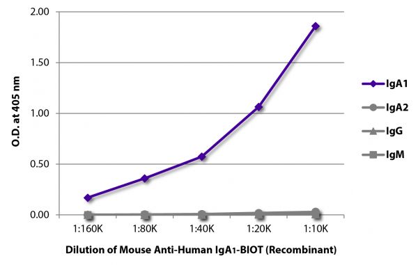 ELISA plate was coated with purified human IgG, IgM, IgA<sub>1<sub>, and IgA<sub>2<sub>.  Immunoglobulins were detected with serially diluted Mouse Anti-Human IgA<sub>1<sub>-BIOT (Recombinant) - (SB Cat. No. 29130-08) followed by Streptavidin-HRP (SB Cat. No. 7105-05).