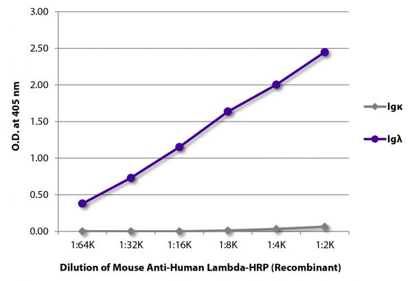 ELISA plate was coated with purified human IgGκ, IgMκ, IgAκ, IgGλ, IgMλ, and IgAλ.  Immunoglobulins were detected with serially diluted Mouse Anti-Human Lambda-HRP (Recombinant) - (SB Cat. No. 29180-05).