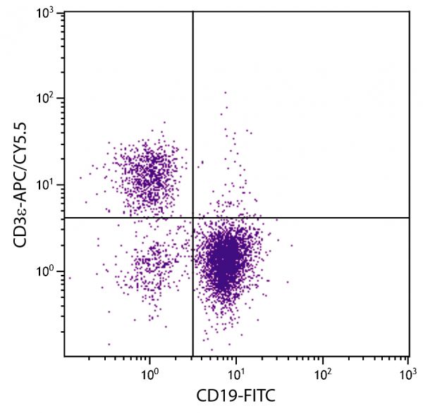 BALB/c mouse splenocytes were stained with Hamster Anti-Mouse CD3ε-APC/CY5.5 (SB Cat. No. 1531-18) and Rat Anti-Mouse CD19-FITC (SB Cat. No. 1575-02).
