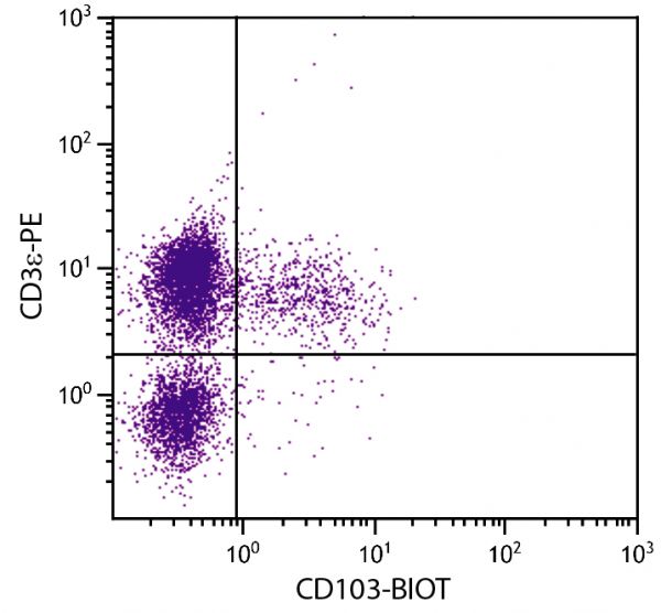 BALB/c mouse mesenteric lymph node cells were stained with Hamster Anti-Mouse CD103-BIOT (SB Cat. No. 1810-08) and Rat Anti-Mouse CD3ε-PE (SB Cat. No. 1535-09) followed by Streptavidin-FITC (SB Cat. No. 7100-02).