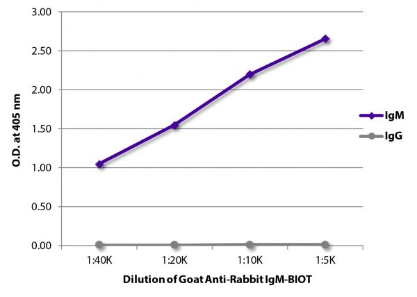 ELISA plate was coated with purified rabbit IgM and IgG.  Immunoglobulins were detected with serially diluted Goat Anti-Rabbit IgM-BIOT (SB Cat. No. 4020-08) followed by Streptavidin-HRP (SB Cat. No. 7100-05).