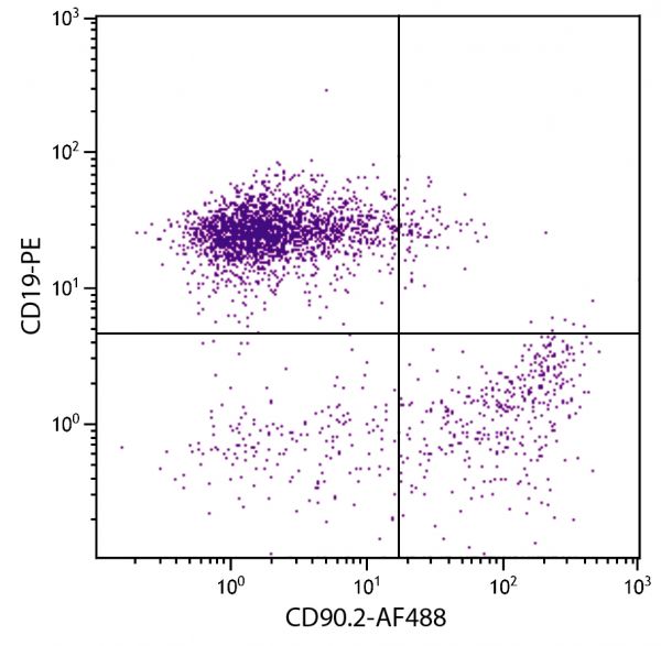 BALB/c mouse splenocytes were stained with Rat Anti-Mouse CD90.2-AF488 (SB Cat. No. 1750-30) and Rat Anti-Mouse CD19-PE (SB Cat. No. 1575-09).