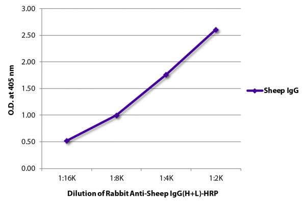 ELISA plate was coated with purified sheep IgG.  Immunoglobulin was detected with Rabbit Anti-Sheep IgG(H+L)-HRP (SB Cat. No. 6150-05).