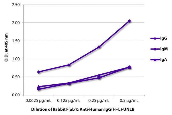 ELISA plate was coated with purified human IgG, IgM, and IgA. Immunoglobulins were detected with Rabbit F(ab')<sub>2</sub> Anti-Human IgG(H+L)-UNLB (SB Cat. No. 6000-01) followed by Goat Anti-Rabbit IgG(H+L), Mouse/Human ads-HRP (SB Cat. No. 4050-05).