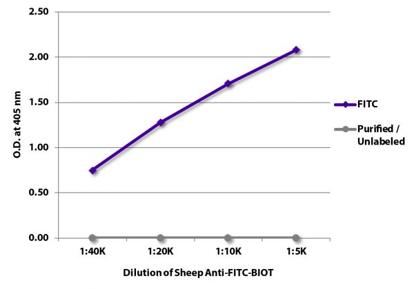 ELISA plate was coated with Goat Anti-Human IgG-FITC (SB Cat. No. 2040-02) and purified / unlabeled Syrian Hamster IgG (SB Cat. No. 0121-01). FITC conjugated antibody and purified immunoglobulin were were detected with serially diluted Sheep Anti-FITC-BIOT (SB Cat. No. 6400-08) followed by Streptavidin-HRP (SB Cat. No. 7100-05).