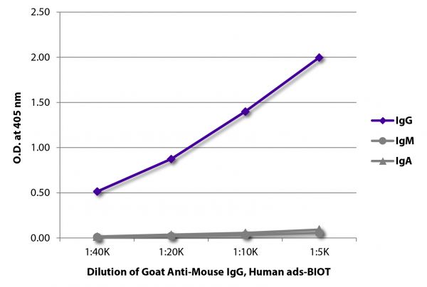 ELISA plate was coated with purified mouse IgG, IgM, and IgA. Immunoglobulins were detected with serially diluted Goat Anti-Mouse IgG, Human ads-BIOT (SB Cat. No. 1030-08) followed by Streptavidin-HRP (SB Cat. No. 7100-05).