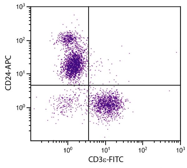 BALB/c mouse splenocytes were stained with Rat Anti-Mouse CD24-APC (SB Cat. No. 1590-11) and Rat Anti-Mouse CD3ε-FITC (SB Cat. No. 1535-02).