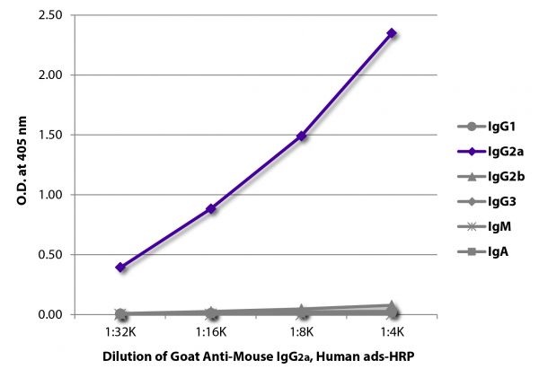 ELISA plate was coated with purified mouse IgG<sub>1</sub>, IgG<sub>2a</sub>, IgG<sub>2b</sub>, IgG<sub>3</sub>, IgM, and IgA. Immunoglobulins were detected with serially diluted Goat Anti-Mouse IgG<sub>2a</sub>, Human ads-HRP (SB Cat. No. 1080-05).