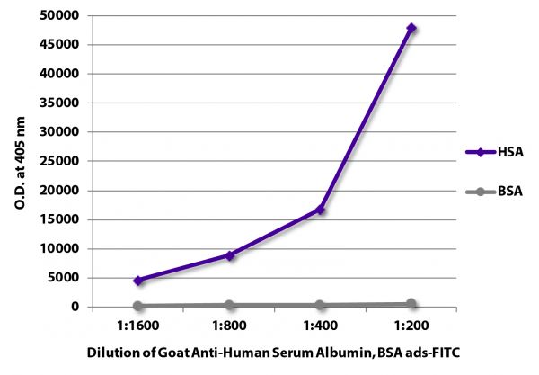 FLISA plate was coated with purified human serum albumin and bovine serum albumin. Albumins were detected with serially diluted Goat Anti-Human Serum Albumin, Bovine Serum Albumin ads-FITC (SB Cat. No. 2080-02).