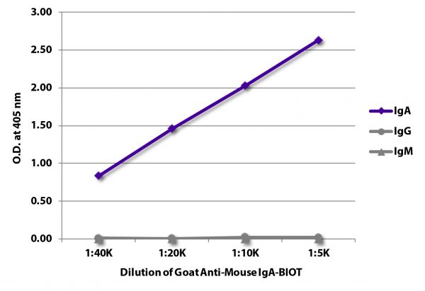 ELISA plate was coated with purified mouse IgA, IgG, and IgM. Immunoglobulins were detected with serially diluted Goat Anti-Mouse IgA-BIOT (SB Cat. No. 1040-08) followed by Streptavidin-HRP (SB Cat. No. 7100-05).