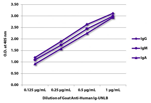 ELISA plate was coated with purified human IgG, IgM, and IgA. Immunoglobulins were detected with serially diluted Goat Anti-Human Ig-UNLB (SB Cat. No. 2010-01) followed by Swine Anti-Goat IgG(H+L), Human/Rat/Mouse SP ads-HRP (SB Cat. No. 6300-05).