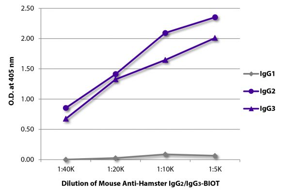 ELISA plate was coated with purified hamster IgG<sub>1</sub>, IgG<sub>2</sub>, and IgG<sub>3</sub>. Immunoglobulins were detected with serially diluted Mouse Anti-Hamster IgG<sub>2</sub>/IgG<sub>3</sub>-BIOT (SB Cat. No. 1935-08) followed by Streptavidin-HRP (SB Cat. No. 7100-05).