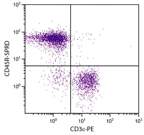 C57BL/6 mouse splenocytes were stained with Rat Anti-Mouse CD45R-SPRD (SB Cat. No. 1665-13) and Rat Anti-Mouse CD3ε-PE (SB Cat. No. 1535-09).