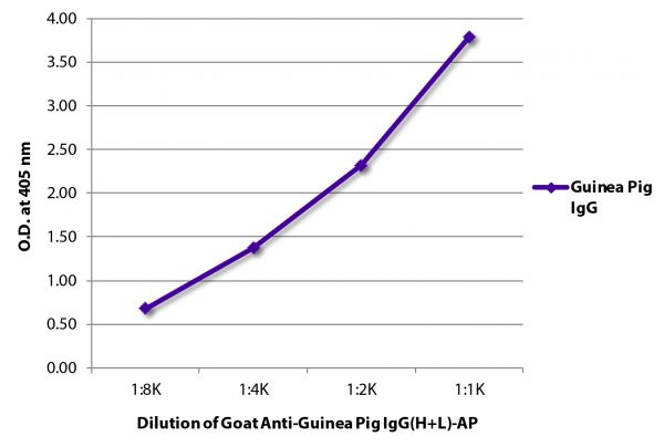 ELISA plate was coated with purified guinea pig IgG. Immunoglobulin was detected with Goat Anti-Guinea Pig IgG(H+L)-AP (SB Cat. No. 6090-04).