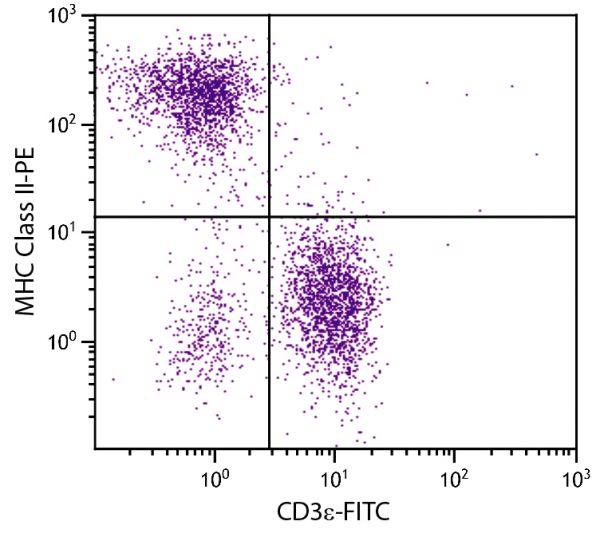 BALB/c mouse splenocytes were stained with Rat Anti-Mouse MHC Class II-PE (SB Cat. No. 1895-09) and Rat Anti-Mouse CD3ε-FITC (SB Cat. No. 1535-02).