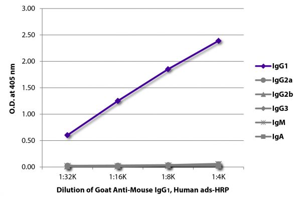 ELISA plate was coated with purified mouse IgG<sub>1</sub>, IgG<sub>2a</sub>, IgG<sub>2b</sub>, IgG<sub>3</sub>, IgM, and IgA.  Immunoglobulins were detected with serially diluted Goat Anti-Mouse IgG<sub>1</sub>, Human ads-HRP (SB Cat. No. 1070-05).