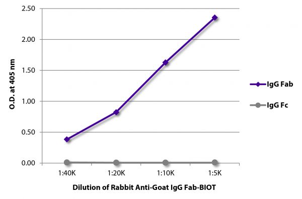 ELISA plate was coated with purified goat IgG Fab and IgG Fc. Immunoglobulins were detected with serially diluted Rabbit Anti-Goat IgG Fab-BIOT (SB Cat. No. 6022-08) followed by Streptavidin-HRP (SB Cat. No. 7100-05).