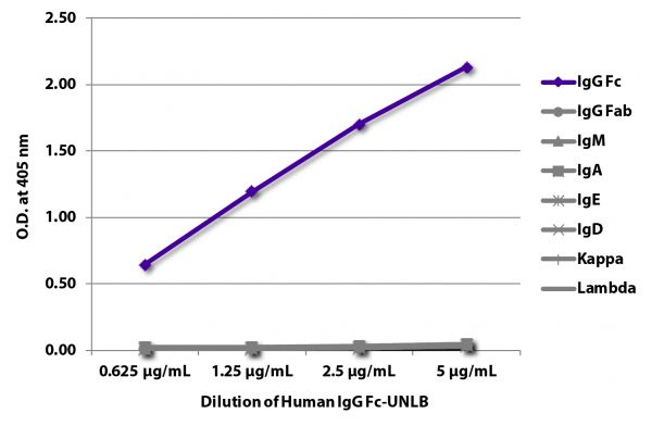 ELISA plate was coated with serially diluted Human IgG Fc-UNLB (SB Cat. No. 0160-01).  Immunoglobulin was detected with Goat Anti-Human IgG Fc-BIOT (SB Cat. No. 2048-08), Goat Anti-Human Ig Fab-BIOT (SB Cat. No. 2085-08), Mouse Anti-Human IgM-BIOT (SB Cat. No. 9020-08), Mouse Anti-Human IgA<sub>1</sub>-BIOT and Mouse Anti-Human IgA<sub>2</sub>-BIOT (SB Cat. No. 9130-08 and Cat. No. 9140-08), Mouse Anti-Human IgE Fc-BIOT (SB Cat. No. 9160-08), Mouse Anti-Human IgD-BIOT (SB Cat. No. 9030-08), Mouse Anti-Human Kappa-BIOT (SB Cat. No. 9230-08), and Mouse Anti-Human Lambda-BIOT (SB Cat. No. 9180-08) followed by Streptavidin-HRP (SB Cat No. 7100-05) and quantified.