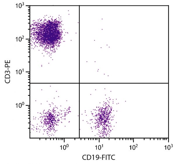 Human peripheral blood lymphocytes were stained with Mouse Anti-Human CD19-FITC (SB Cat. No. 9340-02S) and Mouse Anti-Human CD3-PE (SB Cat. No. 9515-09).