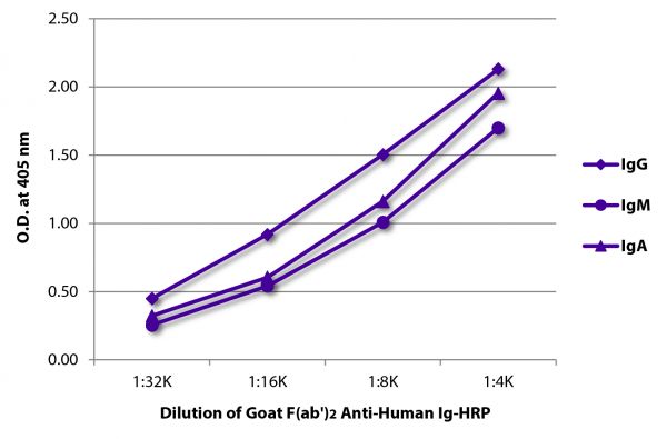 ELISA plate was coated with purified human IgG, IgM, and IgA.  Immunoglobulins were detected with serially diluted Goat F(ab')<sub>2</sub> Anti-Human Ig-HRP (SB Cat. No. 2012-05).