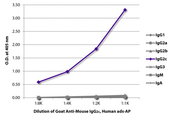 ELISA plate was coated with purified mouse IgG<sub>1</sub>, IgG<sub>2a</sub>, IgG<sub>2b</sub>, IgG<sub>2c</sub>, IgG<sub>3</sub>, IgM, and IgA. Immunoglobulins were detected with serially diluted Goat Anti-Mouse IgG<sub>2c</sub>, Human ads-AP (SB Cat. No. 1079-04).