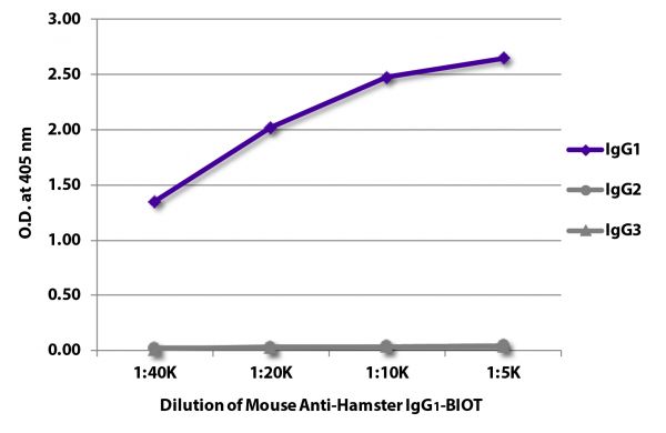 ELISA plate was coated with purified hamster IgG<sub>1</sub>, IgG<sub>2</sub>, and IgG<sub>3</sub>. Immunoglobulins were detected with serially diluted Mouse Anti-Hamster IgG<sub>1</sub>-BIOT (SB Cat. No. 1940-08) followed by Streptavidin-HRP (SB Cat. No. 7100-05).