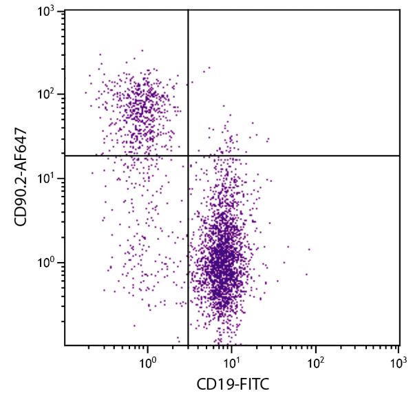 BALB/c mouse splenocytes were stained with Rat Anti-Mouse CD90.2-AF647 (SB Cat. No. 1750-31) and Rat Anti-Mouse CD19-FITC (SB Cat. No. 1575-02).