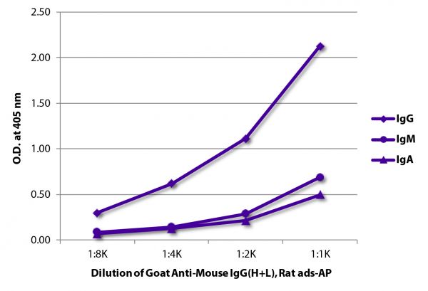 ELISA plate was coated with purified mouse IgG, IgM, and IgA. Immunoglobulins were detected with serially diluted Goat Anti-Mouse IgG(H+L), Rat ads-AP (SB Cat. No. 1034-04).
